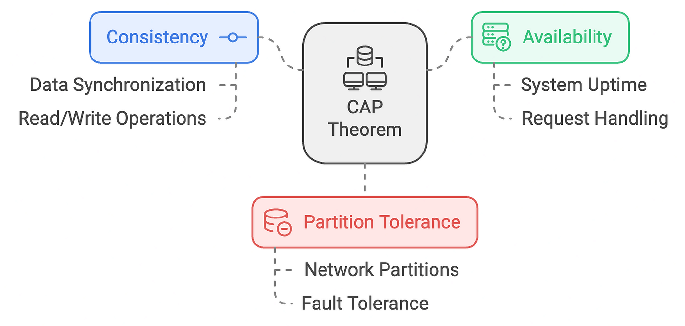 The image visually explains the CAP theorem in the context of distributed systems. It depicts a boxes with three points, each representing one of the three properties of the theorem: Consistency (ensuring all nodes have the same data), Availability (ensuring every request gets a response), and Partition Tolerance (ensuring the system continues to function despite network partitions).